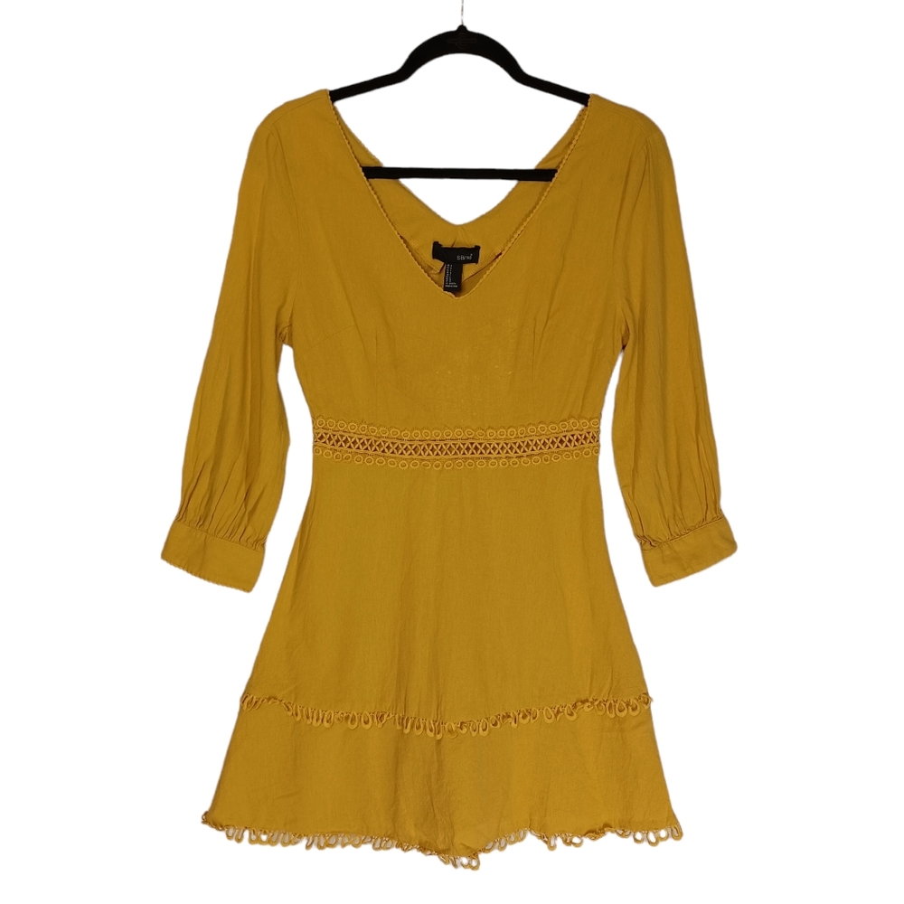 S BETRO Mustard Yellow Crochet Long Sleeve A Line V Neck Dress Small